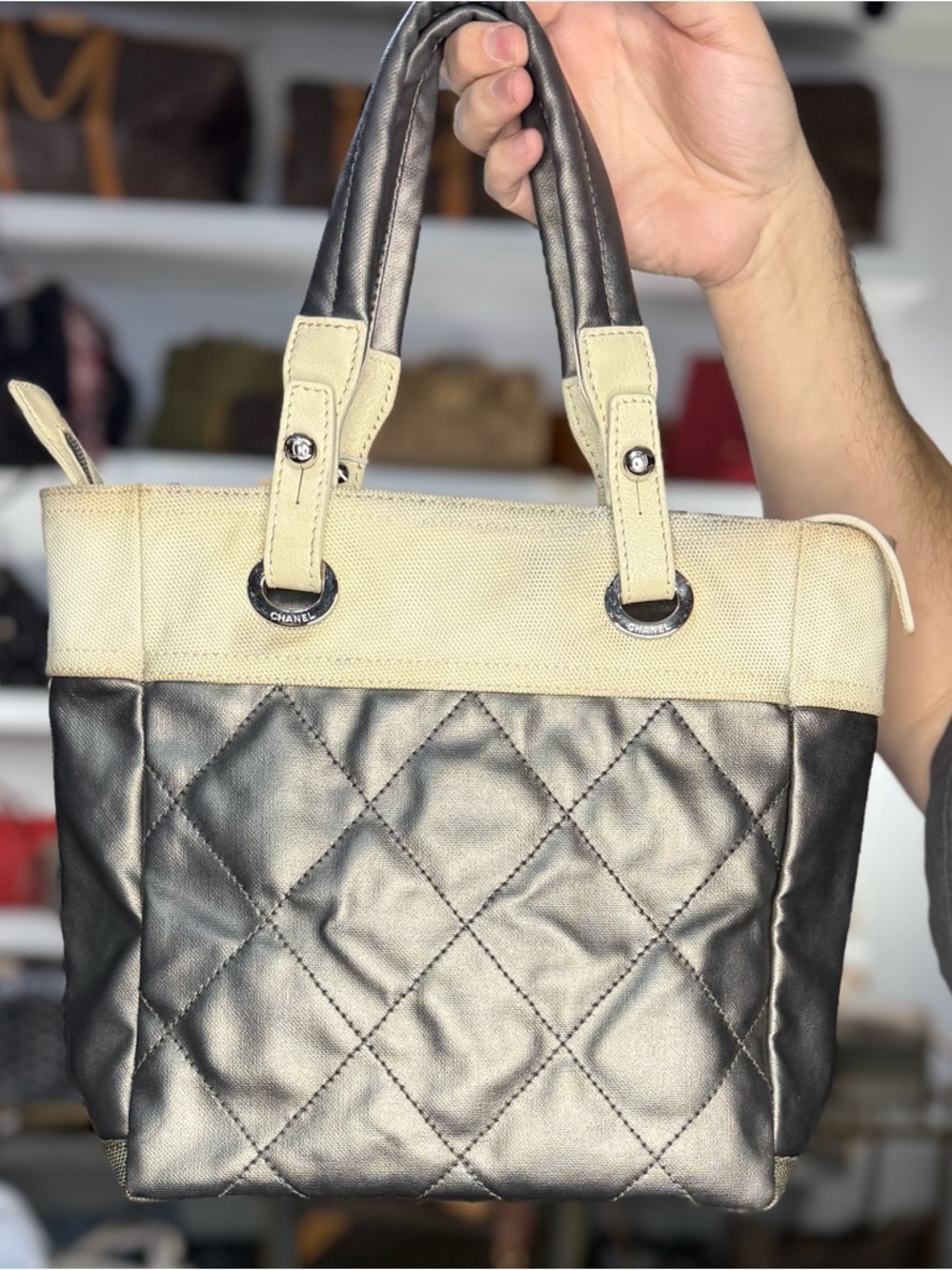 CHANEL SILVER QUILTED TOTE